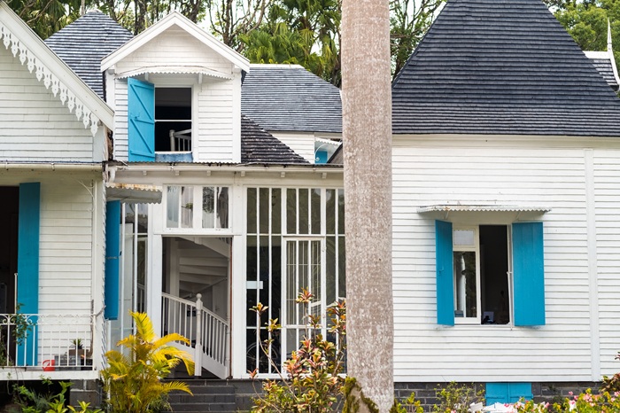 Traditional house with blue shutters